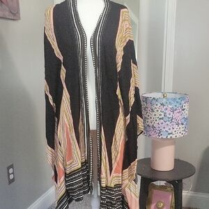 Black and Multicolor Open Front Kimono